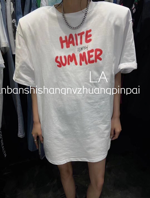 [laqssy] Korean fashion retro large shoulder pad letter printed short sleeve T-shirt 8937# zyh