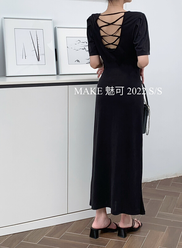 [make Meike] temperament square neck back large U-shaped cross design side Pleated Dress 50096# XJ