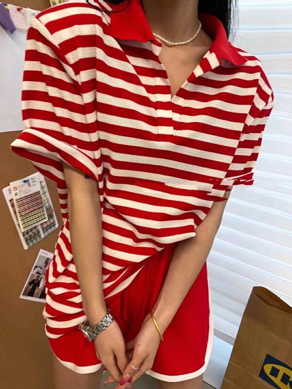 [M2 +] STRIPED FASHION retro polo shirt + slim color stitched Casual Short suit 8114# WTT