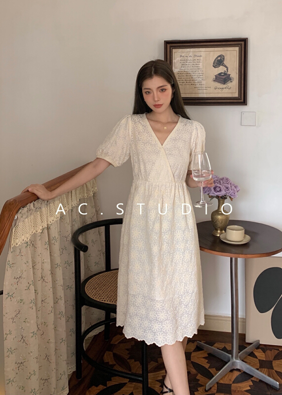 goods in stock! [A.C] Korean style V-neck flower embroidery dress 11365# LSL