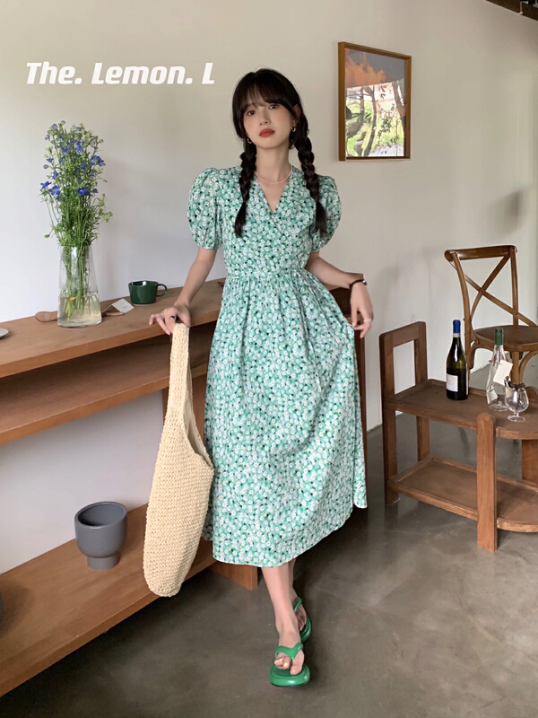 [lemon green tea] Korean V-neck floral dress 2163# hjy