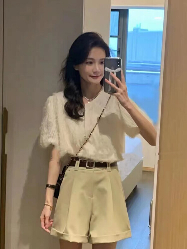New in early summer! [rasion] simple and versatile solid color + comfortable casual shorts two piece suit (with belt) (excluding necklace) 7122# LSL