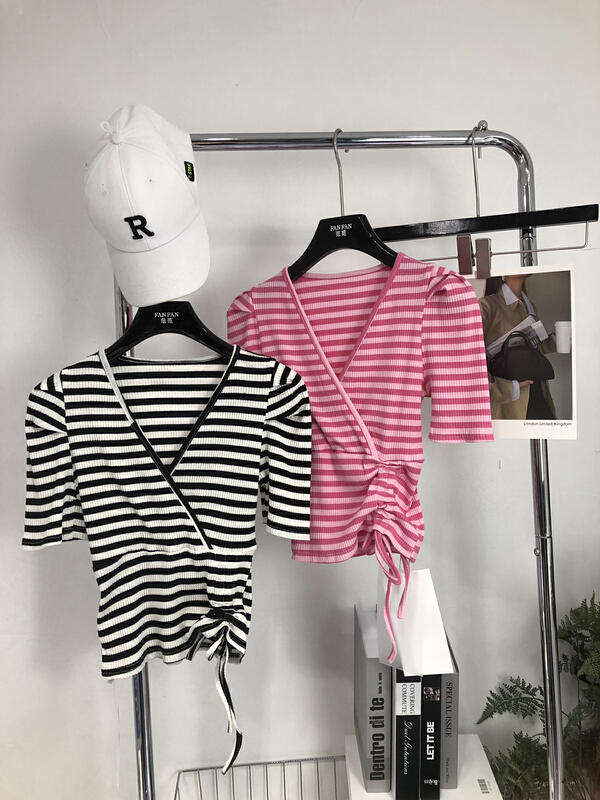 [fan fan fan] fashion striped V-neck drawcord waist closing slim shirt 5558# JJ