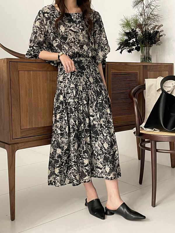 [Hello September] floral umbrella style medium length skirt m2344# CLS