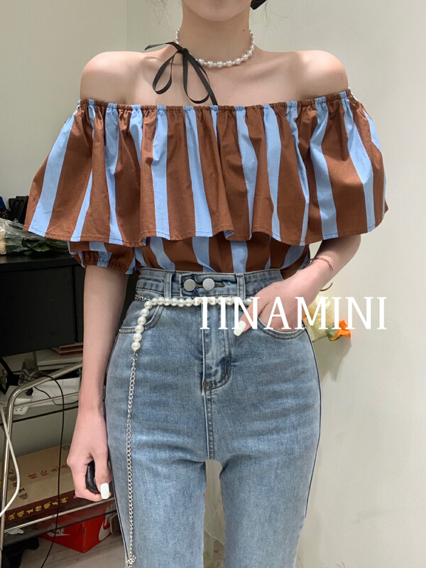 New in early summer! [Tina Mini] retro style vertical stripe off shoulder shirt m0123# hjy