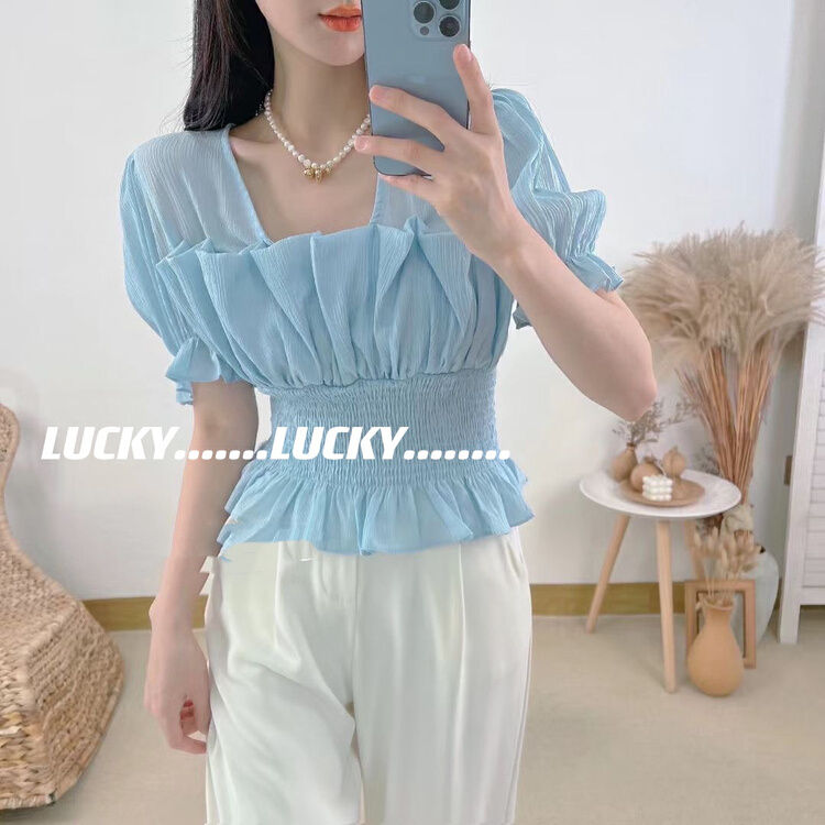 初夏上新!【LUCKY】方領泡泡袖純色小衫  8646#  ZXX