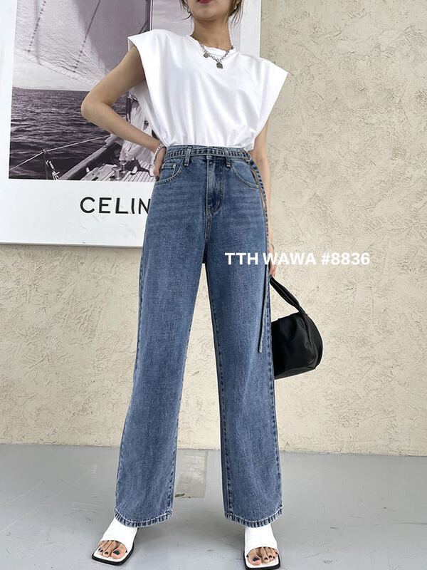 [Wawa] Korean high waist loose wide leg jeans (with waist rope) 8836# CJJ