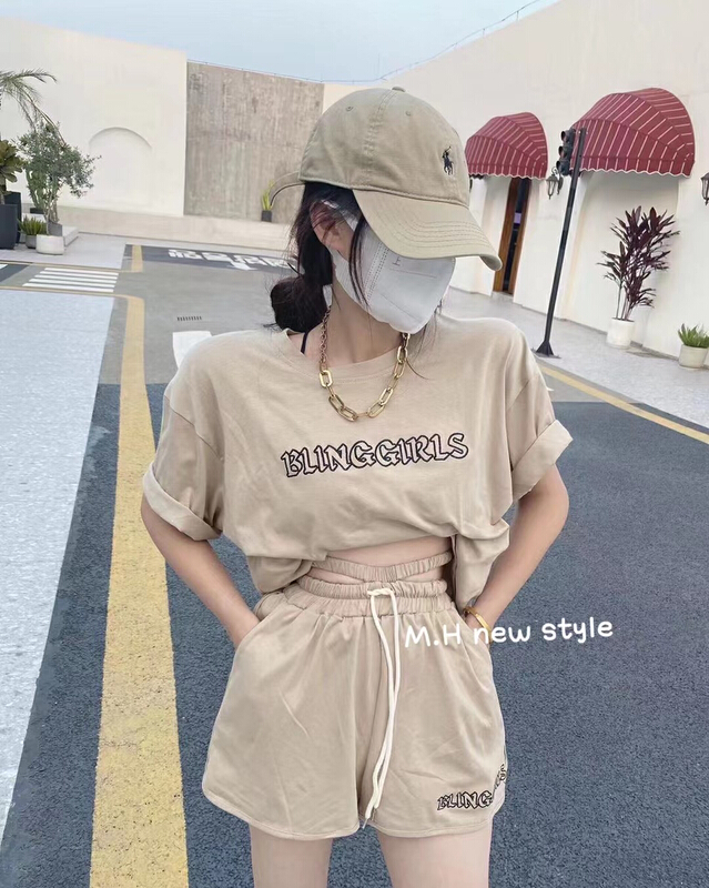 [M.H] embroidered letters round neck Pullover short sleeve + simple elastic waist casual Shorts Set 8256# PCZ