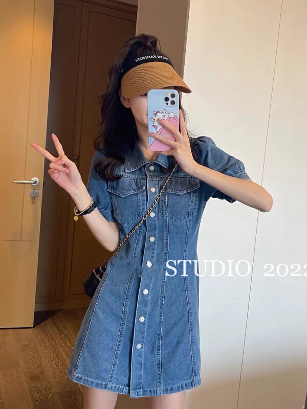 goods in stock! New in early summer! [JH] wash denim breasted dress 41385# PCZ