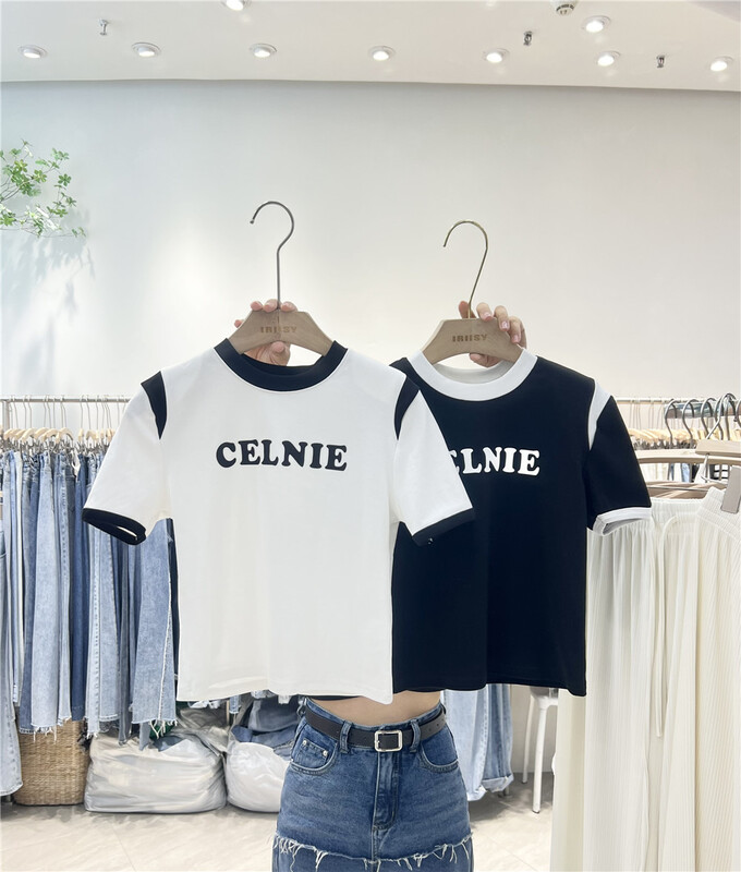 [iris iriisy] personalized letter color contrast edge short sleeve T-shirt 6075# LSL