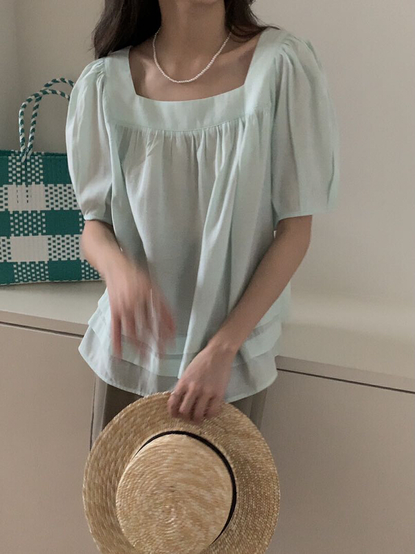 New in early summer! [Gabrielle] simple square neck bubble sleeve blouse b2233# zxl