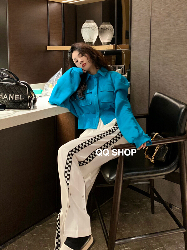 現貨!早春上新！【QQ SHOP】韓版拼棋盤格扣子設計闊腿休閒褲  99003#  OZQ