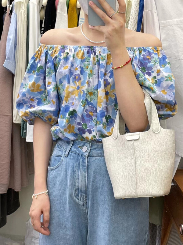 goods in stock! [after 18] French romantic printed off shoulder shirt 535# zjy