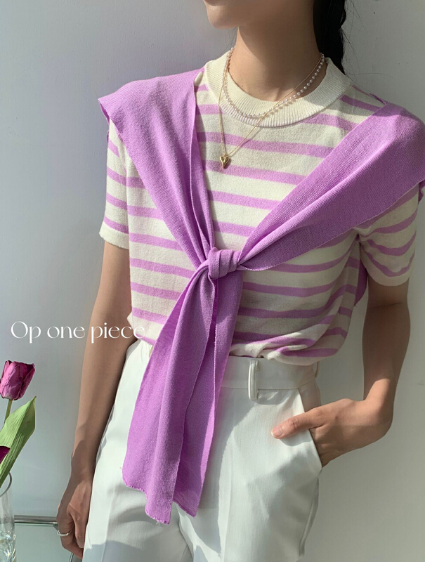 New in early summer! [OP one piece] Korean casual stripe short sleeve T-shirt (with shawl) 7001-1# hjy