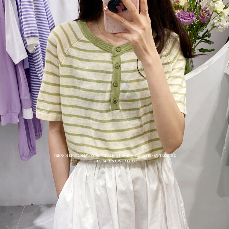 New year in early spring! [teem ing] comfortable stripe fashion short sleeve T-shirt 22t122# hjy