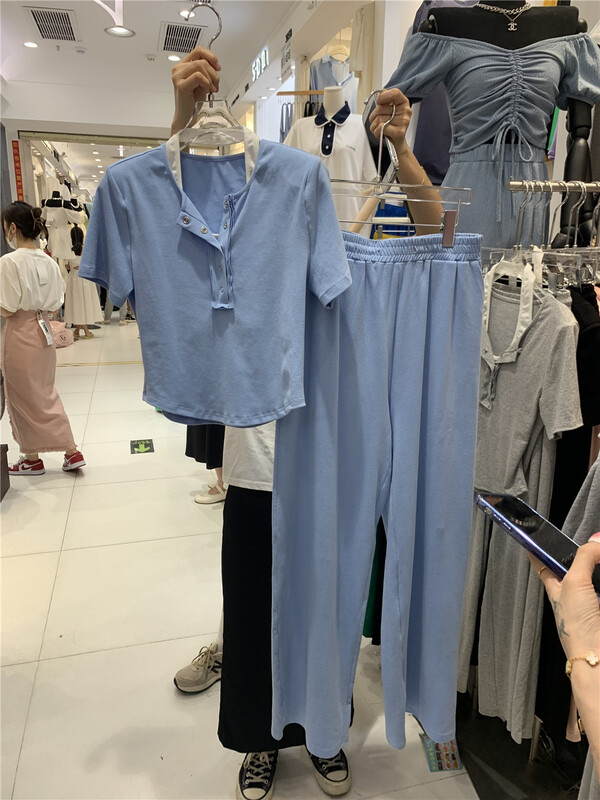 [Jing] Korean fake two-piece short sleeved T-shirt + versatile casual pants two-piece suit 6659# CSX