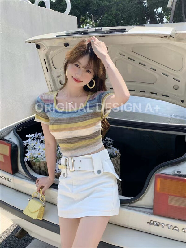 [a +] Korean version square neck color stripe short sleeve sweater 9149# ozq
