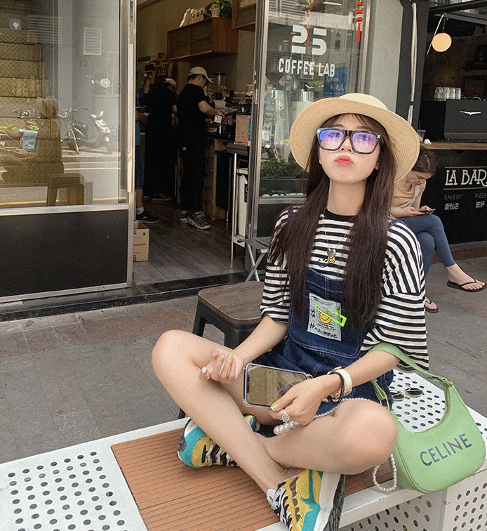 [y.jia Yijia] simple stripe short sleeve T-shirt + Korean casual suspender suit ys1-1053# PCZ