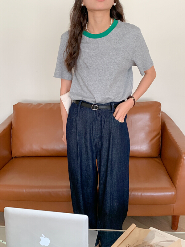 [Tn] Korean version simple color contrast short sleeve T-shirt st3161# cqw