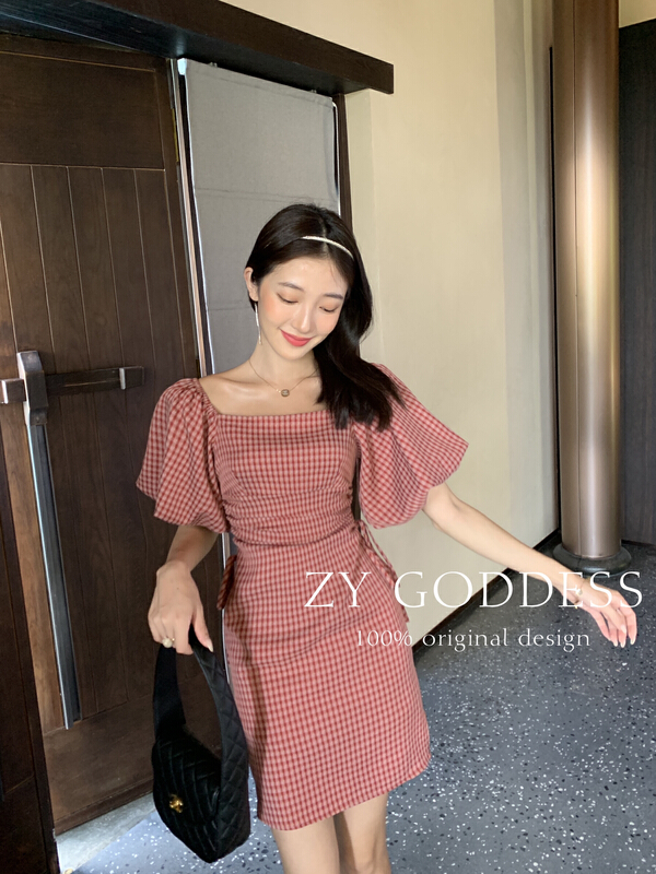 New in early summer! [ZY] Vintage Plaid temperament bubble sleeve slim dress 68265# ozq