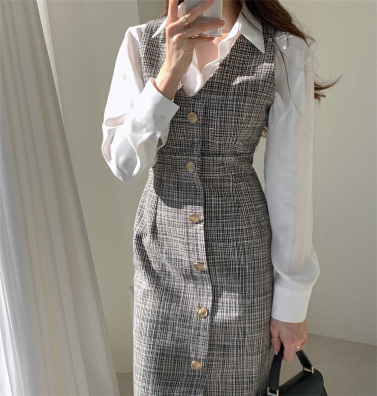 [LML] simple checkered single breasted slim fit elegant retro sleeveless dress 06253# ozq