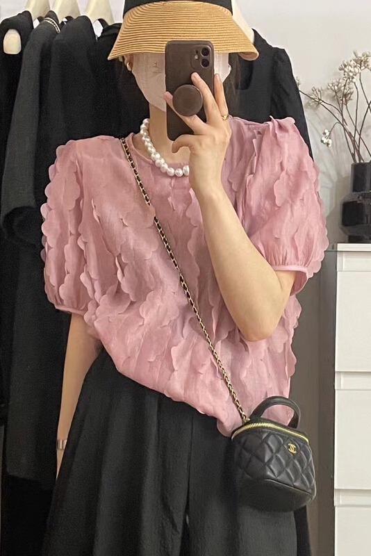 [Dai Dai] Korean chic elegant temperament round neck three-dimensional flower bubble sleeve blouse 4685# HBx