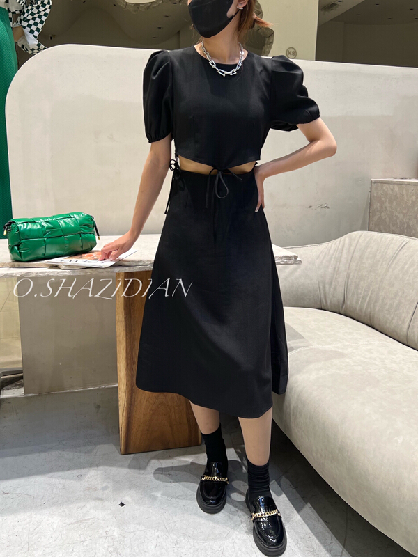 [o.shazidian] Korean round neck bubble sleeve blouse + medium length skirt suit 1393# CSX