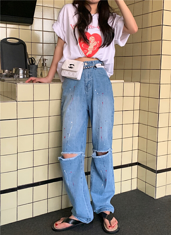 New year in early spring! [timely rain] Han Feng ins design gradient speckled broken hole jeans 21571# WPL