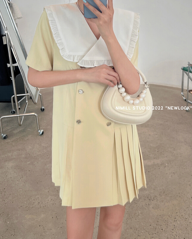 New style in early summer! "Nemil" stitching design double-breasted slim dress 2015# LSW