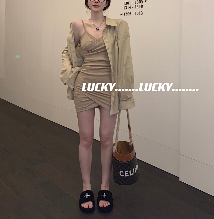 [lucky] cross pleated suspender dress + versatile shirt set (with belt) 8651# zxx