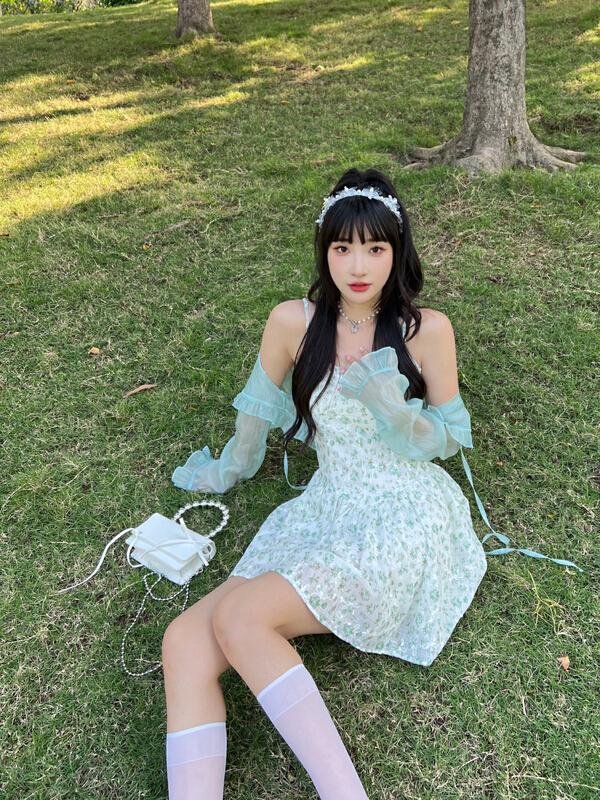 [CXI] pure wind seeking sunscreen blouse + suspender floral dress set c6023# WPL