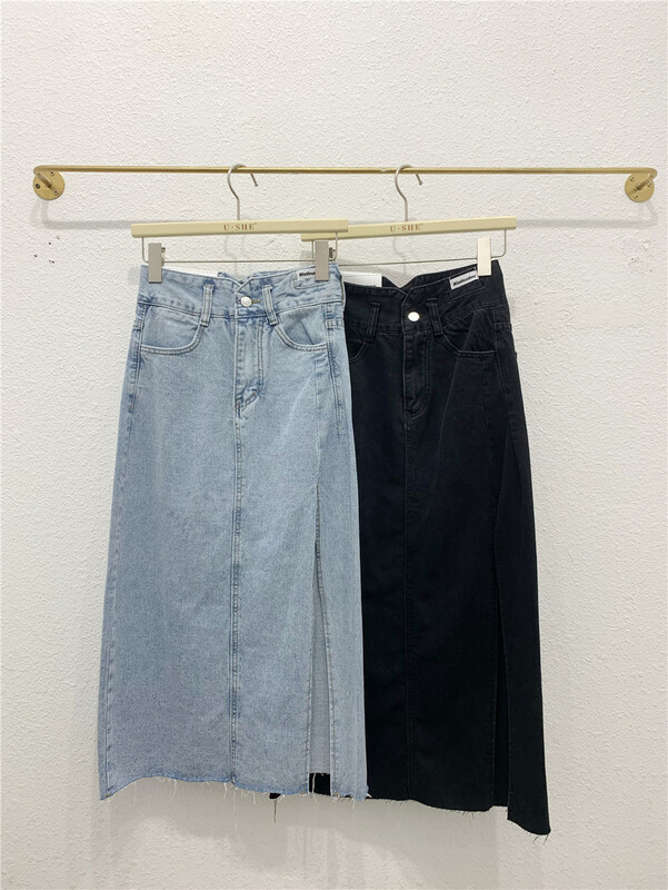 [u.she] Korean style slit design, slim denim skirt 19718# cqw