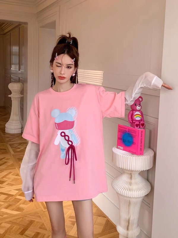 New in early summer! [big C studio] casual personalized cartoon printed loose short sleeve T-shirt (detachable with sleeves) ys1-1026# PCZ