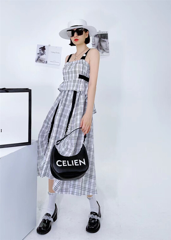 [Eric] check waist drawstring fashion dress (only suspender skirt) 1740# ozq