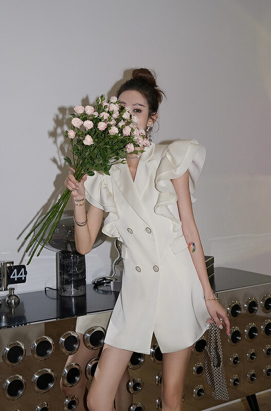 New year in early spring! [ala] niche design Lace Ruffle sleeve temperament Slim Fit Suit Dress l1235a# JJ
