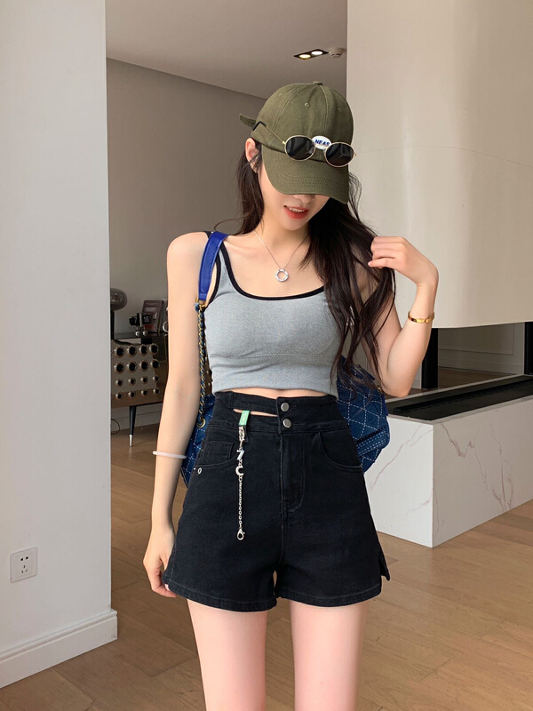 New in early summer! [pudr] hollow out design, age reducing and thin denim shorts (with removable chain) 2103 blue 2103-1 black 2103-2 white # XJ