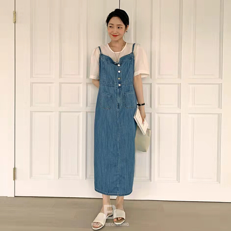 New in early summer! [ISO Korean] button suspender adjustable denim strap skirt (single sale strap skirt) 2952# hjy