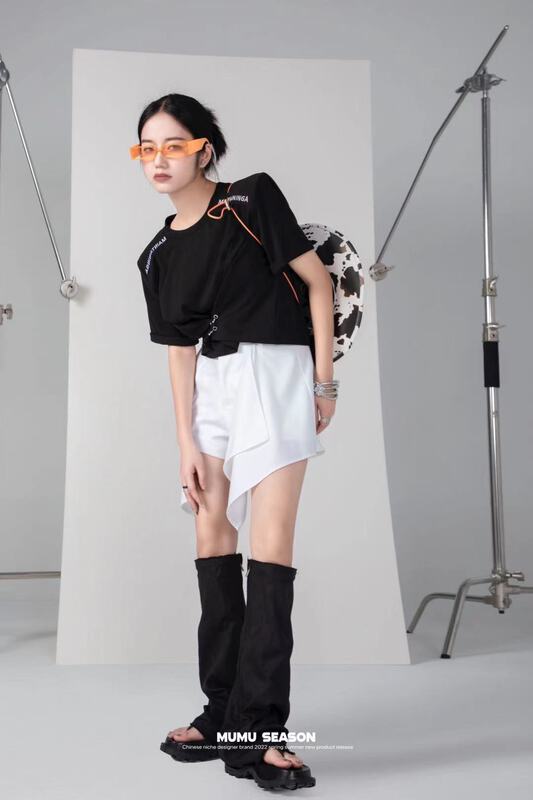 [Mumu season] simple and versatile shoulder pad letter short sleeve + Korean slim and versatile skirt and Pants Set 2359# zxl