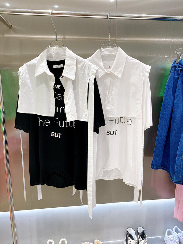 New in early summer! [Eric] design sense simple short Vest + round neck Pullover letter printing medium and long short sleeve set 0023# ozq