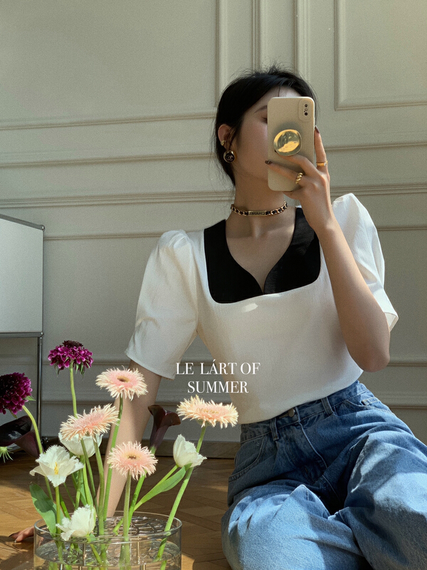 New in early summer! [le lart] Hepburn color blocking chiffon shirt ll2681# XYJ