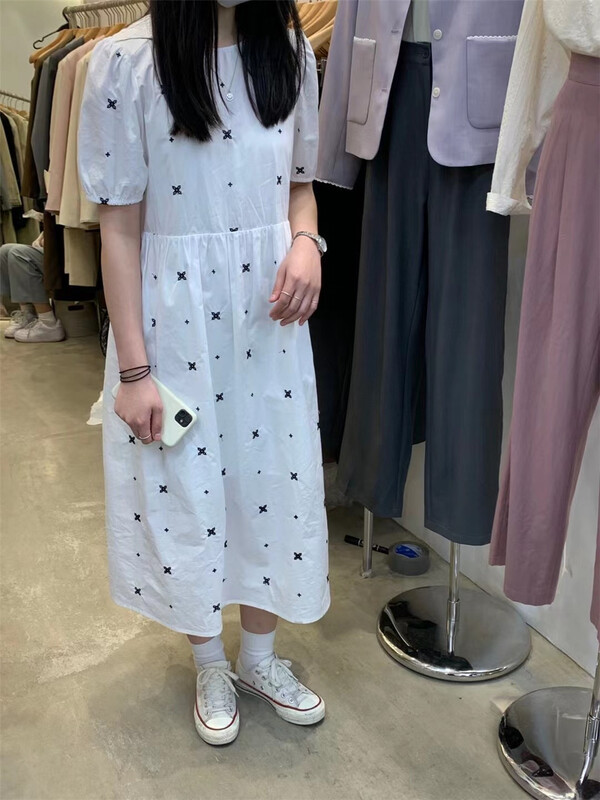 [xhm] Korean print bubble sleeve slim dress 311# ZSY