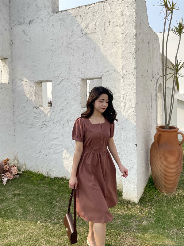 [woo shop] solid color pleated short sleeve dress 622# WPL
