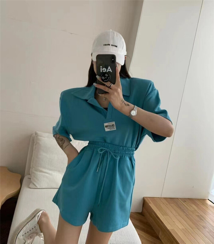 [sevenfourhop] polo collar label T-shirt + casual Shorts Set 67982# ozq
