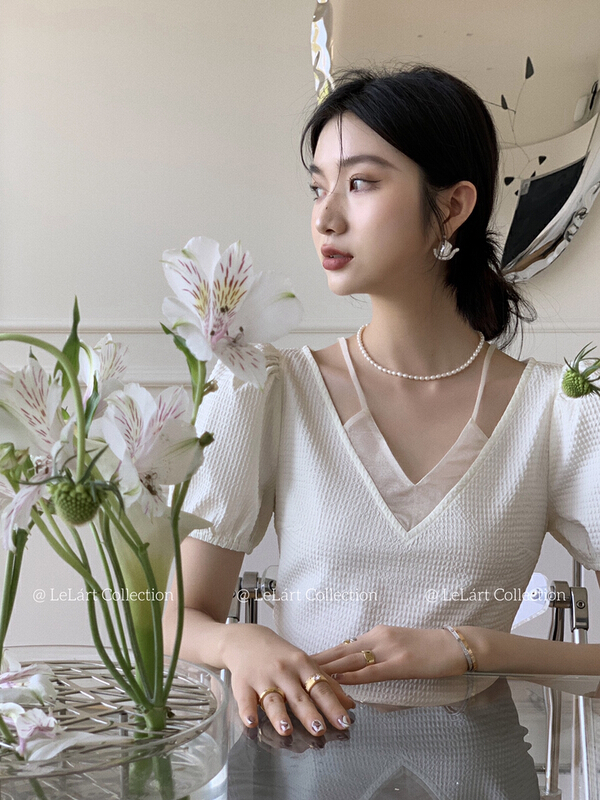 [le lart] high fashion combo collar fake two piece bubble sleeve blouse ll2777# XYJ