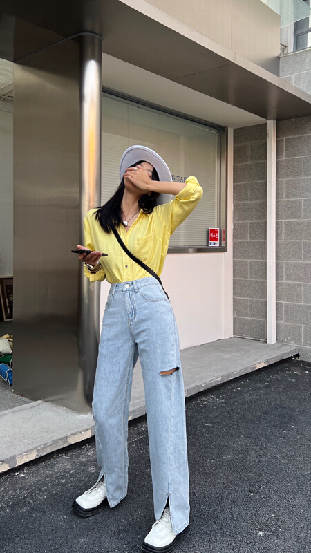 Benefits! New in early summer! [Mi & Co Wu] Korean perforated slit jeans 5625# DB