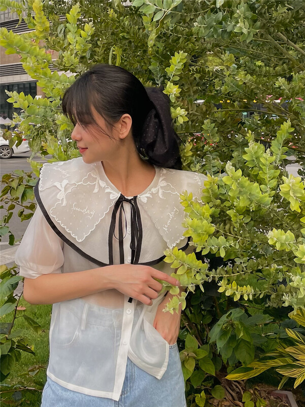 [liger] lady doll collar lace up loose short sleeved blouse 1471# WPL
