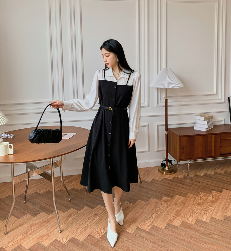 [Hanna including that] black and white stitching waist closing thin dress m5207# XJ