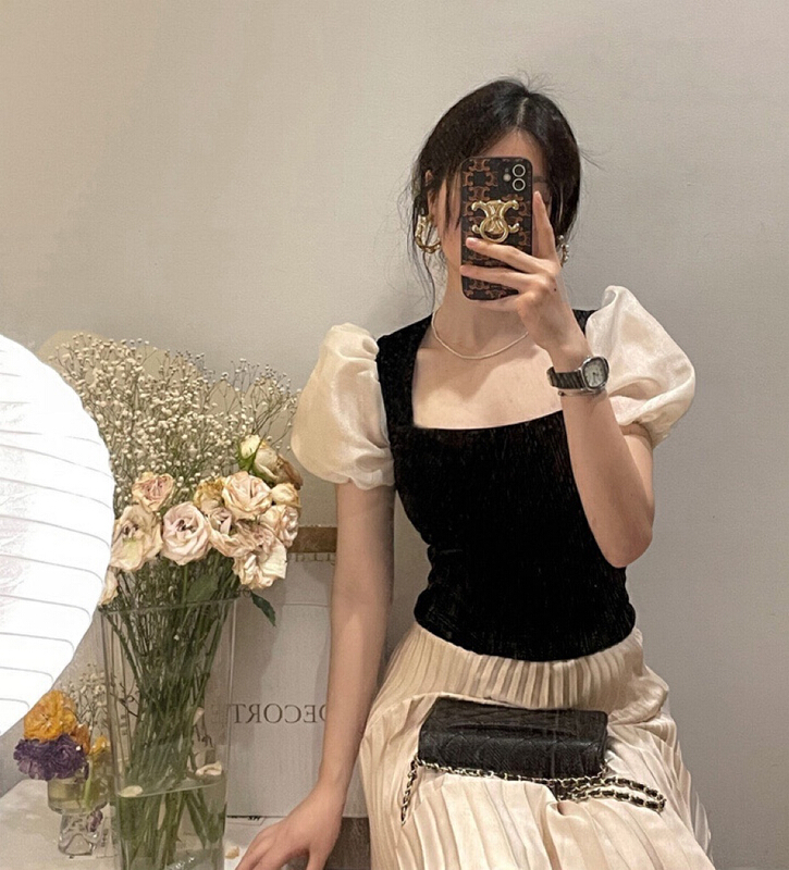 [X.C] Vintage square neck velvet bubble sleeve shirt 285# WPL