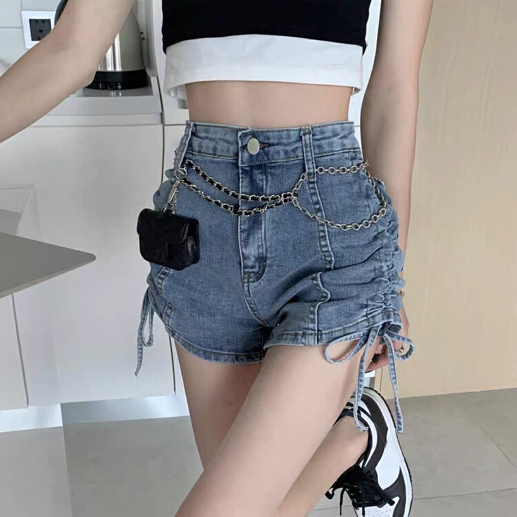 Original price 39.48! New in early summer! [miss Xi Xi] high waist and thin A-line net red side drawstring elastic denim shorts 8003# Cl