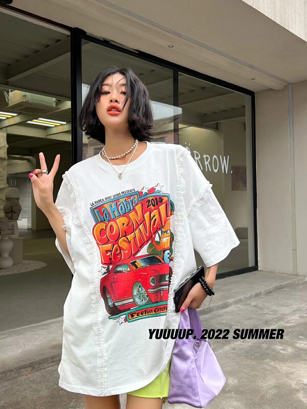 [yuup] pearl lace lace stitching cartoon watermark short sleeve T-shirt 622109# LSL